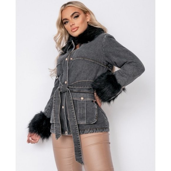 Shearling Lined Long Sleeve Denim Jeans Jacket with Detachable Fur Collar & Cuff - Picture 2 of 13
